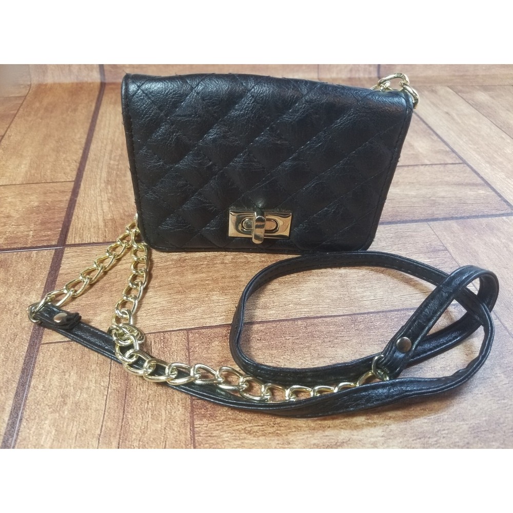 Quilted Black‎ Faux Leather Small Bag Strap Gold Chain Turn Closure Crossbody